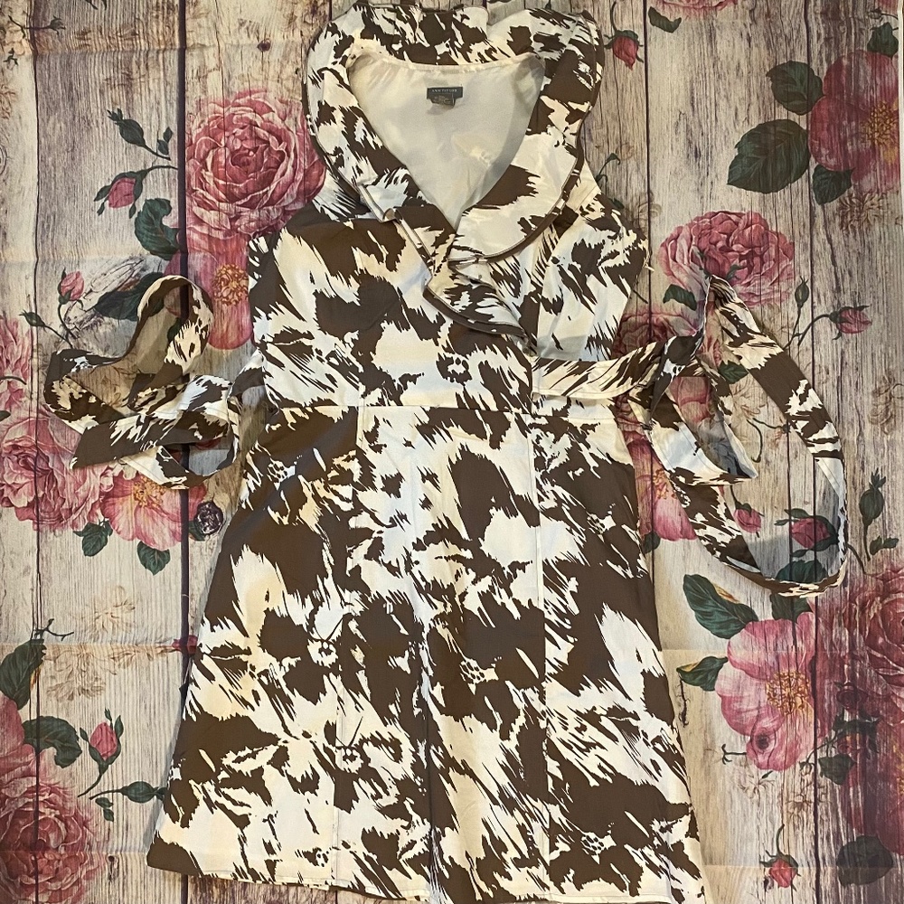 Ann Taylor Petites Ikat Print Dress 8P Ruffle Brown Cotton Blend Tie Waist Lined